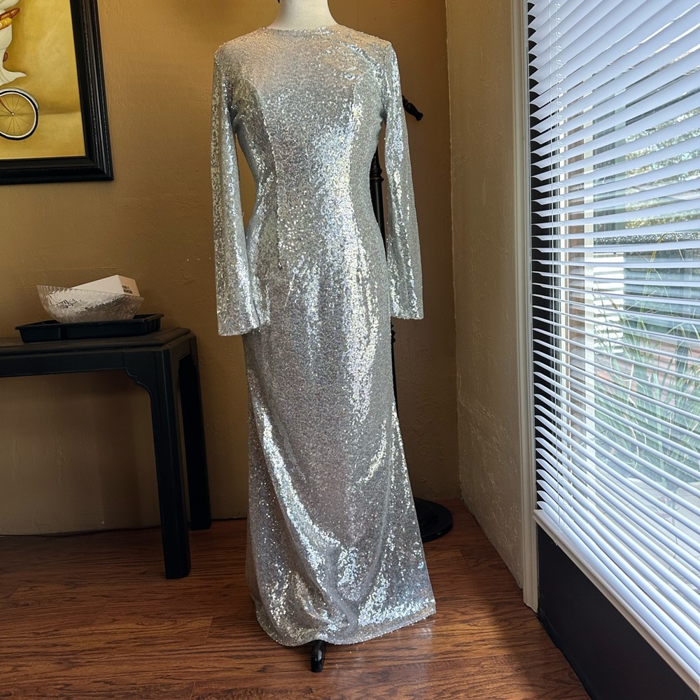 Silver Sequin Mock Neck Gown with Bishop Sleeves